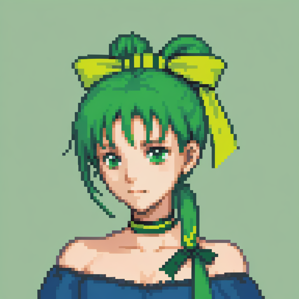 00530-3144464722-1girl, solo, green hair, green eyes, green background, simple background, portrait, closed mouth, bare shoulders, hair ribbon, r.png